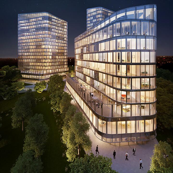 Für die Türme STAR und SKY der BAVARIA TOWERS sind Nachhaltigkeitszertifizierungen außen und innen angestrebt. CSMM entwickelte individuelle Corporate-Architecture-Konzepte. © Visualisierung: Bayern Projekt GmbH 